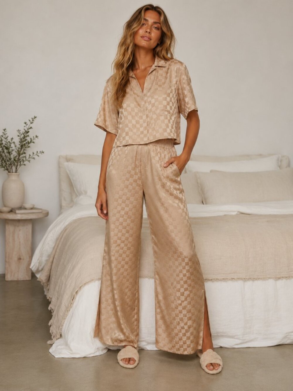 Lunya Washable Mulberry Silk Pajama Set XS Beige Tonal Checkered Jacquard NWOT
